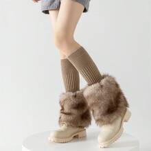 Women's Winter Knit Leg Warmers Solid Color Ribbed Furry Patchwork Casual Scrunch Leg Socks Boot Socks - Khaki - View 5