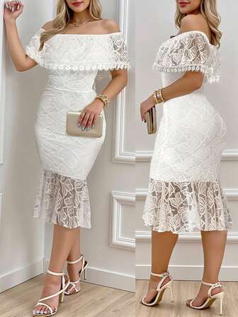 Off-Shoulder Lace Bodycon Sexy Dress, Elegant Dress, White Dress, Lace Patchwork, Party Evening Date Dress