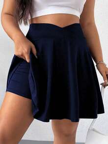 大码女式夏季运动户外跑步健身休闲纯色高尔夫V领高腰显瘦迷你裙短裤 - 藏蓝色 - 查看 3