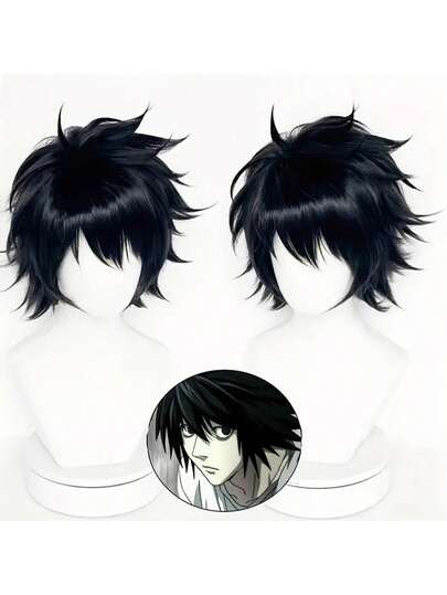 8inch Black Short Hair Wig For Men, Anime Elroy Cosplay, High Temperature Fiber, Fashionable Synthetic Hair For Daily Wear