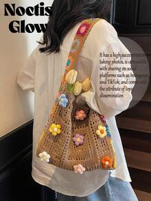 Retro Hand-Crocheted Crossbody Bag Bohemian Hollow-Out Floral Contrast Color Tote Bag Large Capacity Beach Bag Functional Boho Bag For Shopping Travel - 彩色 - 查看 6