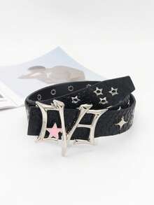1 pieza Cinturón de estilo punk con estampado de cocodrilo, remaches con forma de estrella y hebilla de metal personalizada, cinturón de cuero decorativo de uso urbano