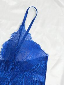 大码女士蕾丝拼接性感内衣连体衣 - 藍色 - 查看 5