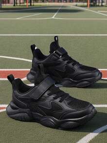 1 Pair ' Casual Sneakers, Solid Color, Odor-Resistant, Breathable Mesh, Low-Top, Hook & Loop Closure, Street & School Style, Unisex, Lightweight, EVA Cushioned Sole, Outdoor Running Shoes - Black - View 10