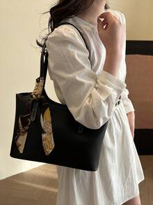 2025春季女款個性化復古軟皮托特包，極簡通勤單肩包，PU材質 - 黑色 - 查看 5