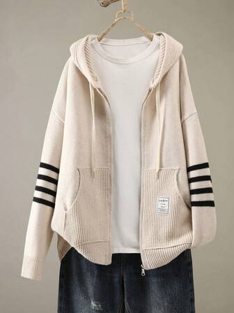 Plus Size Women's Casual Elegant Knit Hooded Cardigan, Solid Color, Suitable For Commuting, Sportswear, Home, Office, Spring, Autumn, Winter