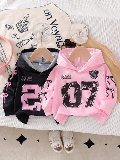 2pcs Baby Girls' Casual Letter Print Long Sleeve Hooded Tops, Black & Pink, Suitable For Outings & Travel