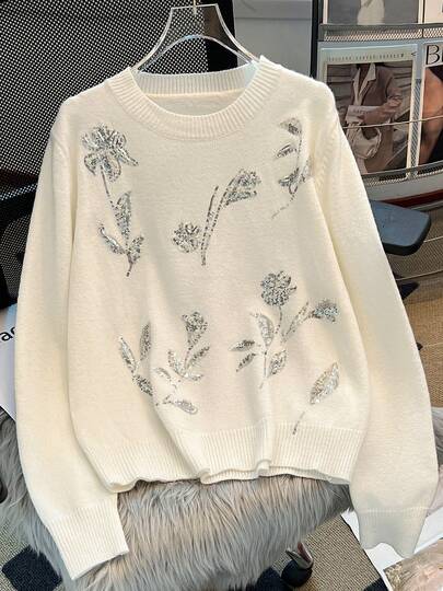 Suéter casual de mujer con bordado de lentejuelas brillante para otoño/invierno, de moda y elegante, versátil