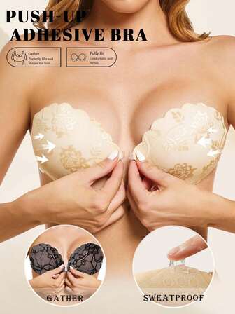 1pc Lace Invisible Push-Up Bra With Adhesive Clasp, Featuring A Reusable Adhesive Front Closure And Included Clear Shoulder Straps, Suitable For Occasions Such As Weddings.