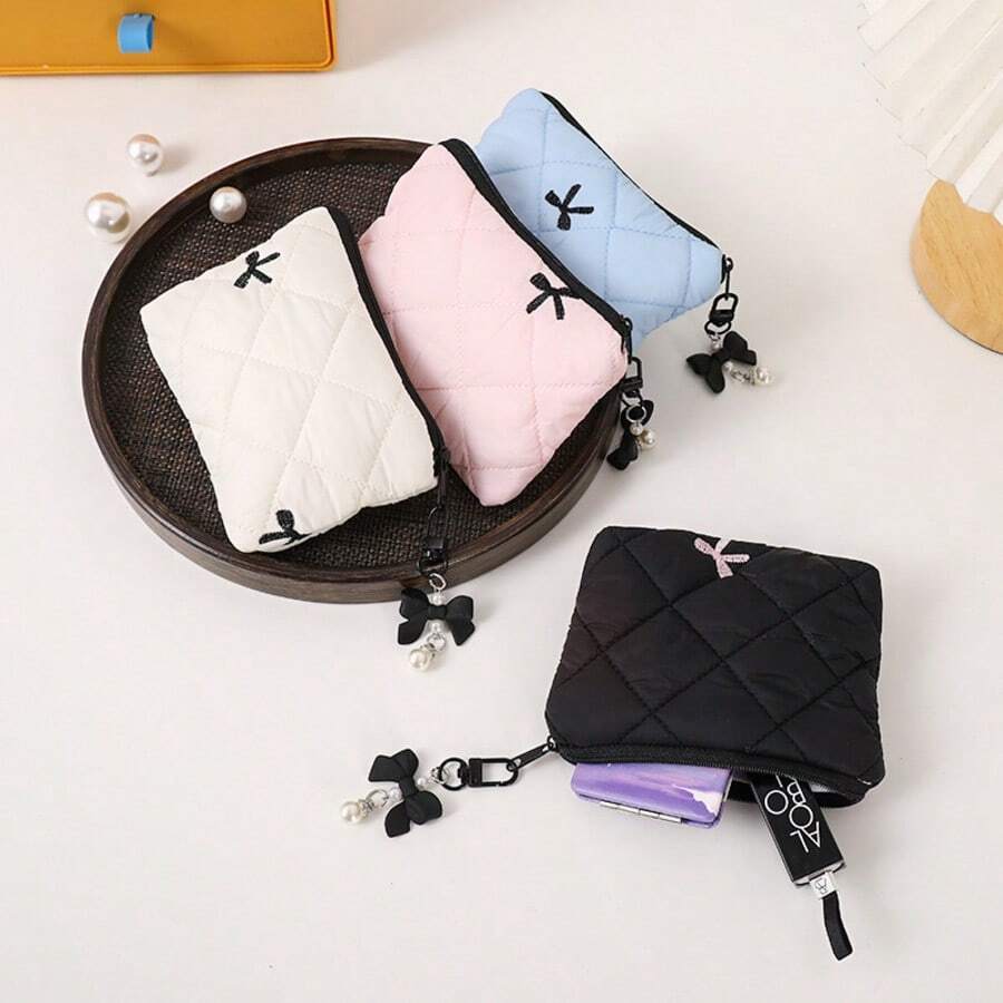 2pcs/Set [Makeup Bag + Bow Decor] Size: 5.5in*3.94in Small Lipstick Makeup Bag/Coin Purse, Cable & Earphone Storage Pouch - Pink - View 1