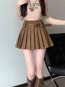 秋冬麂皮褶裥半身裙，修身剪裁，百搭韩版风格，显瘦显老，配腰带 - 咖啡棕 - 查看 4