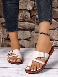 Wygodne, płaskie sandały damskie na co dzień, buty z odkrytymi palcami i paskiem na kostce w jednolitym kolorze, sandały na co dzień