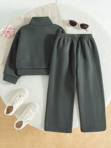 两件套女童休闲蝴蝶印花落肩圆领长袖卫衣长裤套装，保暖连帽衫和长裤，秋冬季 - 深灰色 - 查看 2