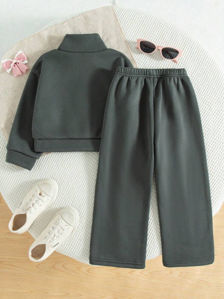 2pcs Young Girls Casual Butterfly Print Drop Shoulder Crew Neck Long Sleeve Sweatshirt And Pants Set, Thermal Lined Hoodie And Trousers Outfit, Autumn/Winter - Dark Grey - View 2