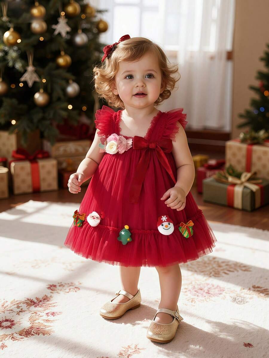 Vestido elegante de fiesta para niñas bebé en color borgoña con adorno floral 3D, caja de regalo de Papá Noel y árbol de Navidad, apropiado para el primer cumpleaños, banquetes, galas, Acción de Gracias y reuniones familiares - Burdeos - Ver 1