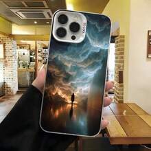 Cubierta de telefono con borde duro para iPhone 15 Pro Max negro con estampado de nubes tormentosas y silueta humana diseño de cielo dramático para uso diario en cafeterias y espacios urbanos - Blanco - Ver 7
