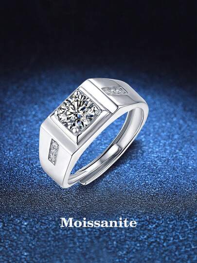 BLOVEMEE 1pc Hip-Hop 925 Sterling Silver 1 Carat 6.5mm Moissanite Ring, Suitable For Men's Daily Wear, Wedding, Fashion Jewelry, Valentine's Day Gift