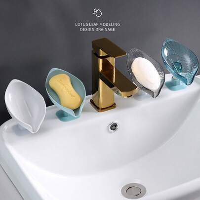 4pcs/1pc Transparent Soap Dish, Waterproof Soap Holder, Self-Draining Leaf-Shaped Bathroom Soap Dish With Super Suction Cup, Can Hold Sponge, Keeps Soap Dry, Suitable For Bathroom, Bathroom Decor, Bathroom Storage