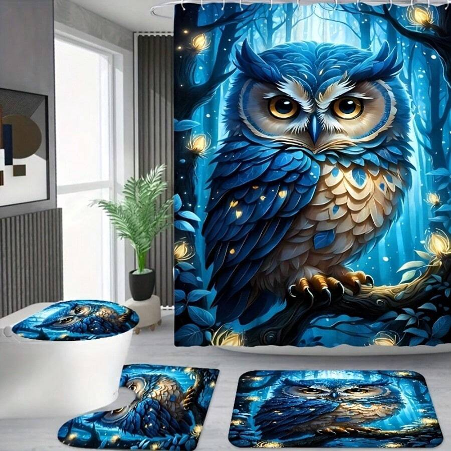 1件/3件/4件装蓝色卡通猫头鹰浴帘套装，仅限手洗，时尚主题，针织涤纶面料，可水洗浴室装饰带挂钩