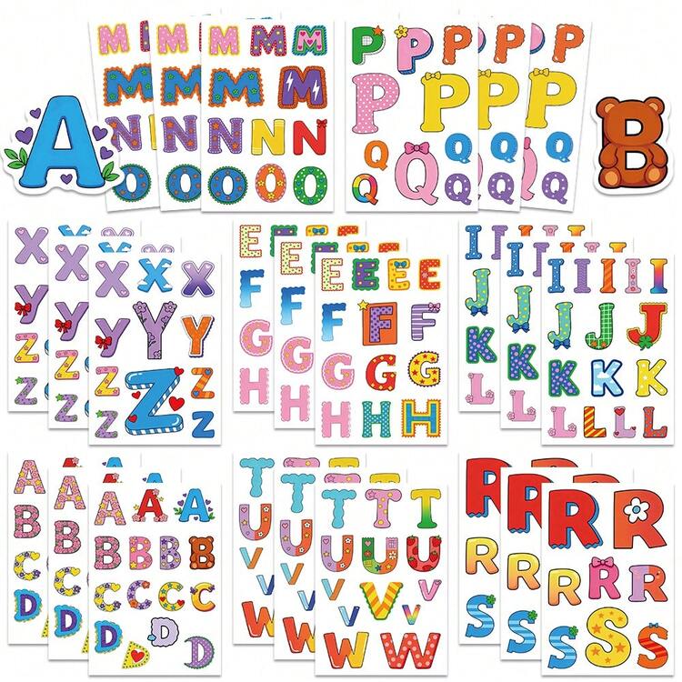 8Sheets English Letter Puzzle Stickers Cartoon Graffiti Decal DIY Notebook Journal Phone Stationery Bicycle Stickers For Students - Multicolor - View 1