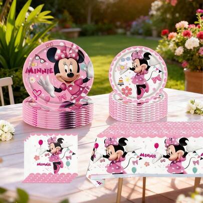 Juego de suministros para fiesta con tema de ratón, juego desechable de vajilla para fiesta de cumpleaños con tema de ratón, que incluye platos, vasos, servilletas y decoraciones