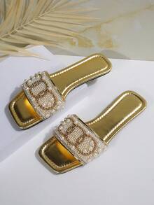 Dép xăng đan đính đá lấp lánh, nhẹ và chống trơn trượt, thích hợp cho bãi biển, mặc thường ngày, trong nhà, cỡ lớn, thiết kế lấp lánh thời trang mới, trang phục mùa xuân hè. - Vàng - Xem 7