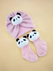 2件套婴儿冬季卡通发带帽+袜子套装，0-6个月，柔软绒面帽袜组合，保暖婴儿头饰套装 - 彩色 - 查看 10