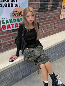 Women's Casual Round Neck Frill Trim Tie Front Slim Fit Black Cropped Long Sleeve Top, Autumn/Winter - Black - View 3