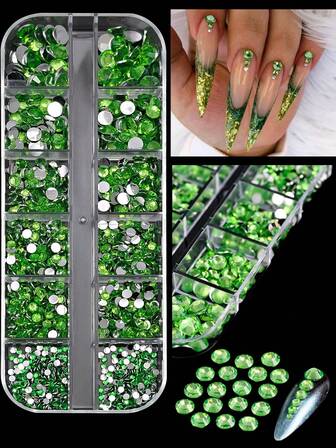 Juego de rhinestones de arte de uñas verdes, rhinestones planos de 2/3/4/5/6 mm, aproximadamente 1500 piezas de rhinestones brillantes de cristal AB para uñas, manualidades, tazas, botellas, tumblers, ropa, maquillaje, manicura, encantos de uñas, suministros de uñas