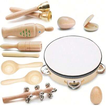 Wooden Orff Musical Instruments For Family, Percussion Instruments For Music Education, Fine Motor Skills, Including Bells, Drums, Maracas, Egg Shakers, Etc.