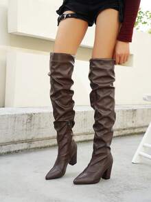 Women's Fashionable Pleated Western Over-The-Knee Chunky Heel Boots