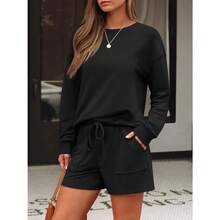 LILLUSORY Lounge Sets For Women Two Piece Sweat Short Set Pajama Matching Outfits With Pocket 2025 Fall Fashion Clothes - màu đen - Xem 3