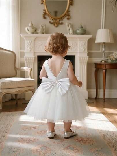 Baby Girls White Bow Knot Holiday Christmas Party Elegant Princess Tulle Dress, Suitable For 1st Birthday Gift, Banquet, Evening Party