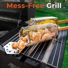 2 Pack Rolling Grill Basket – Stainless Steel Grilling Basket With Lid And Removable Wooden Handle – BBQ Accessories For Vegetables, Shrimp, Meat – Outdoor CooFKing Gift For Dad Or Husband – ,Gray - xám - Xem 5