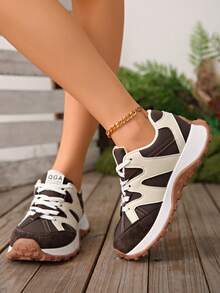 女士时尚运动学院风厚底休闲运动鞋，舒适百搭厚底运动鞋 - 棕色 - 查看 4