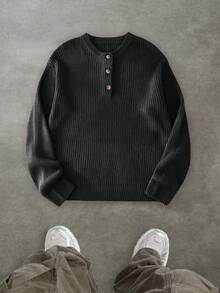 男士舒适简约纽扣装饰长袖圆领毛衣，休闲百搭，适合日常穿着，秋冬 - 黑色 - 查看 3