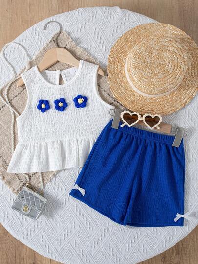 2pcs Girls Casual Floral Decor Sleeveless Top And Shorts Set, Summer