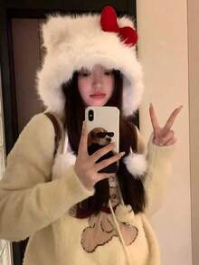 1pc Ladies' Cute Cat Ear Design Ear Warmer Hat Made Of Polyester Fiber, For Students Witch Winter Fall Valentine's Day Valentines