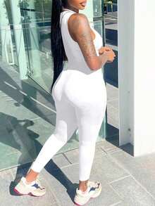 EARO 女士新款时尚连体裤，休闲拼接，无袖，高弹力，修身显瘦，高腰运动裤，白色夏季优雅修身款 - 白色 - 查看 2