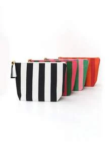 Custom Embroidered Striped Makeup Bag, Color Block Cosmetic Pouch, Travel Toiletry Bag, Lightweight Portable Organizer For Daily Use, Coin Purse - Multicolor - View 9