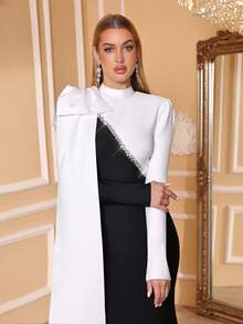 Love Aing فستان مخطط أسود وأبيض للسيدات، فستان طويل، فيونكة أنيقة، فاخر وأنيق، حفل رسمي، مصنوع يدويًا بالماس، ملابس رأس السنة، مناسبة احتفالية، كريم، فستان لضيف الزفاف، فستان طويل لمناسبة رسمية - أبيض وأسود - مشاهدة 8