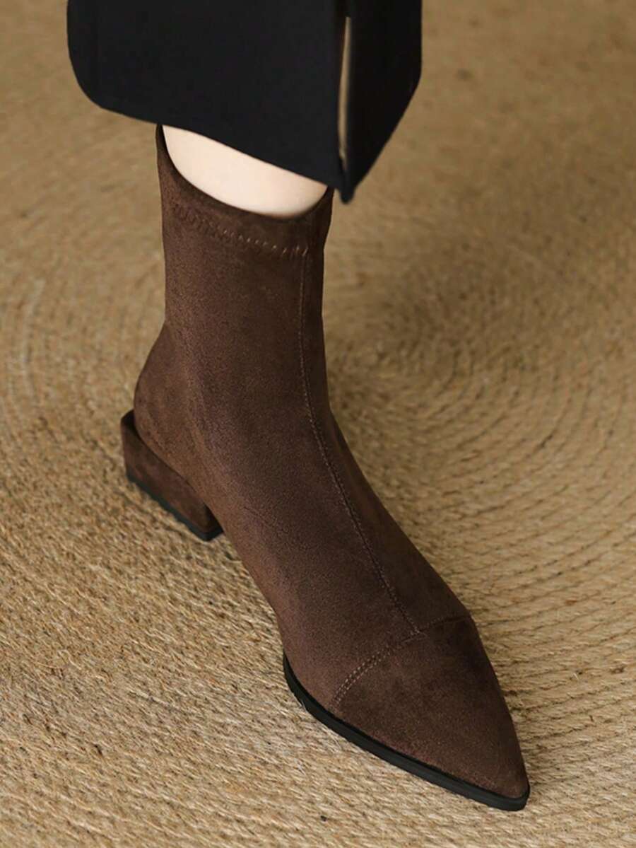 French Pointed Toe Elastic Slim Fit Chunky Heel Mid-Heel Suede Ankle Boots, Slim Fit & Flattering, Suitable For Autumn - Brown - View 1