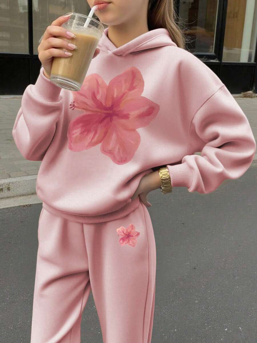 两件套少女碎花印花保暖连帽衫和裤子套装,秋冬季保暖舒适儿童连帽卫衣和裤子套装 - 粉色 - 查看 1