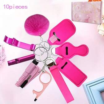 10pcs/Set Multifunctional Portable Keychain Set For Women, Cute Unisex Safety Keychain With Pom Pom, Whistle, Bottle Opener, Practical Tool, Suitable For Christmas & Valentine's Day Gifts (No Gift Box)