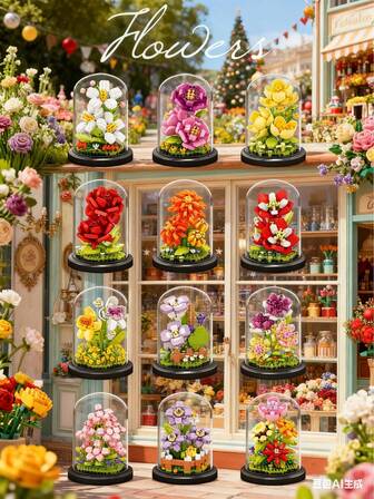 Micro Particle Potted Flower Building Blocks With Display Cover, DIY Colorful Flower Series Building Blocks, Decoration Bouquet, Birthday Gift, Father's Day Gift, Mother's Day Gift, Teacher's Day Gift, Holiday Gift, Wedding Gift, Wedding Decor, Graduation Gift, Valentine's Day Gift, Rose, Sunflower, Christmas Gift, New Year Gift