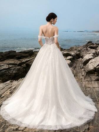 HEARBOBO Luxury Off The Shoulder White Stretchy Floral Lace Patchwork,Classical Split Thigh Mesh Wedding Dresses Bridal With Train,Ertra A-Line,Christmas Women Prom Dresses