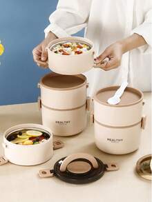 Stainless Steel Lunch Box, Large Capacity Portable And Convenient Square Box, Multi-Layer Design Lunch Box, Suitable For Home, School And Office - Khaki - View 1