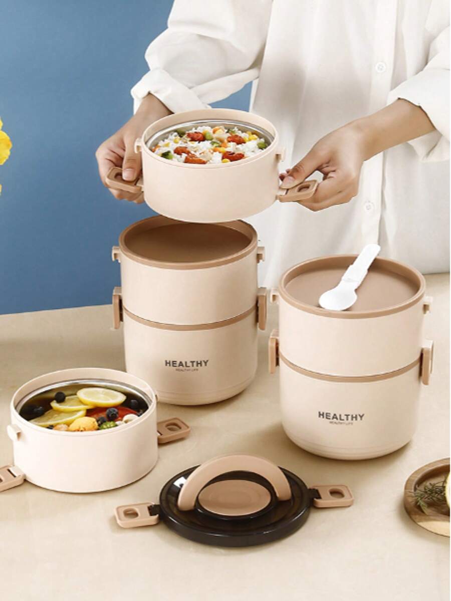 Stainless Steel Lunch Box, Large Capacity Portable And Convenient Square Box, Multi-Layer Design Lunch Box, Suitable For Home, School And Office - Khaki - View 1