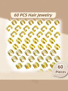 60Pcs Gold Hair Jewelry For Braids Dreadlock Hair Cuffs Adjustable Braid Rings Loc Decorations Hair Charms For Women Accessories, Claw Clips, Hair Slide, Hair Barrettes, Hair Accessories - Gold - View 2