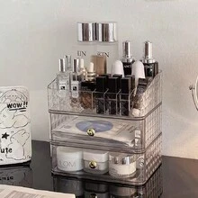 3 PiecesTransparent Plastic Makeup Organizer With Drawers - Countertop Vanity Makeup Storage Box, Lightweight, Non-Electric, Stackable Design, Clear Skincare Holder, Large Capacity, Durable Structure, Ideal For Dorm And Bathroom - Multicolor - View 8